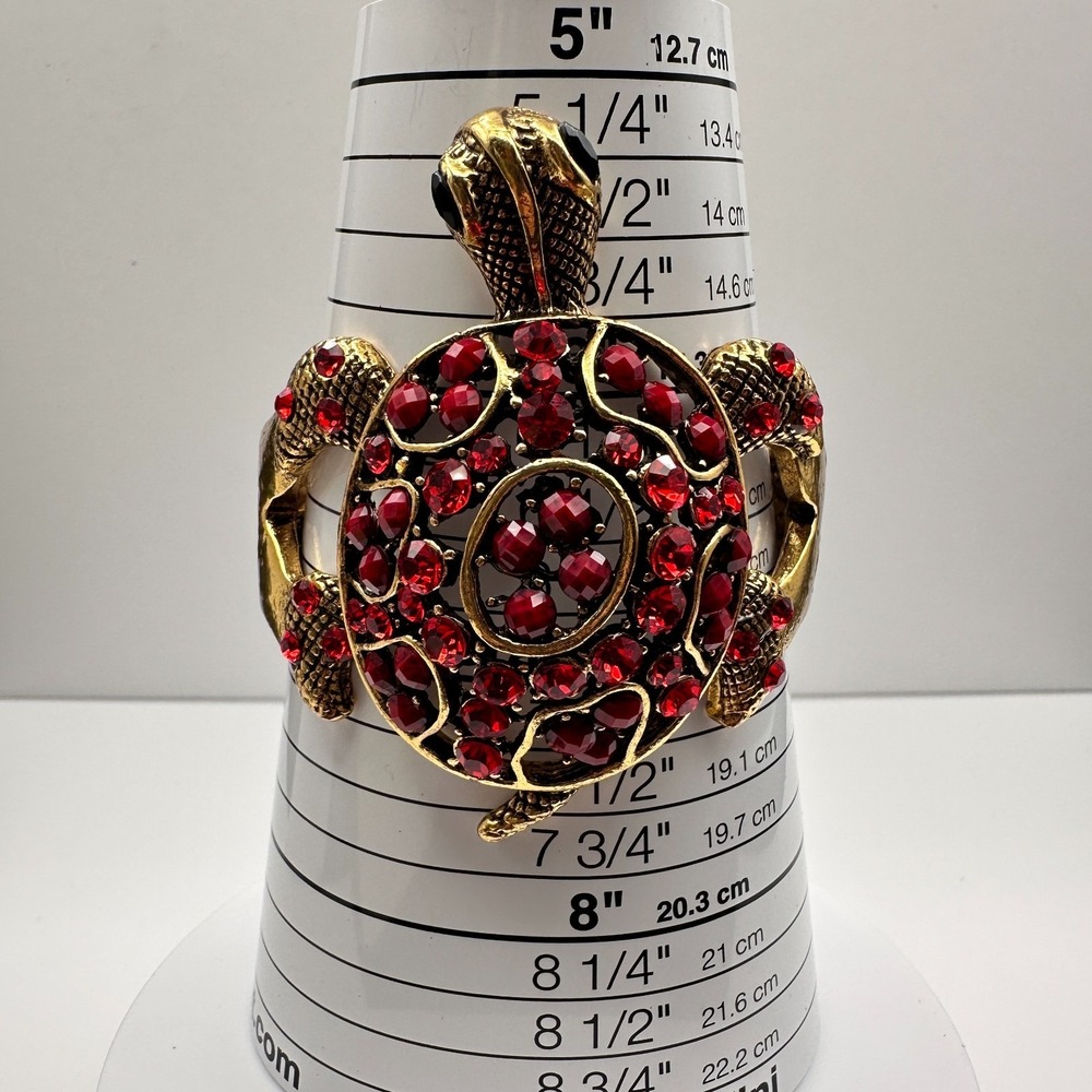 Vintage 90s Red Rhinestone Gold Tone Turtle Bracelet Women's Classic Jewelry - Picture 17 of 17